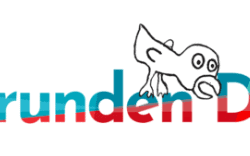 Logotyp för Grunden DV. På texten sitter en slags streck-gubbefågel och böjer sig fram.
