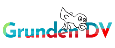 Logotyp för Grunden DV. På texten sitter en slags streck-gubbefågel och böjer sig fram.